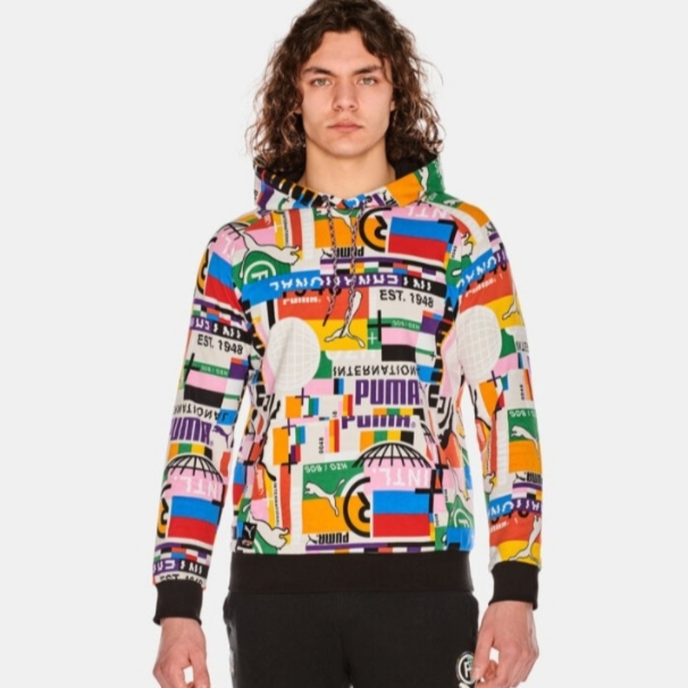 Puma NEW International Streetwear Hoodie Sweatshirt Large Black Colorful Bright